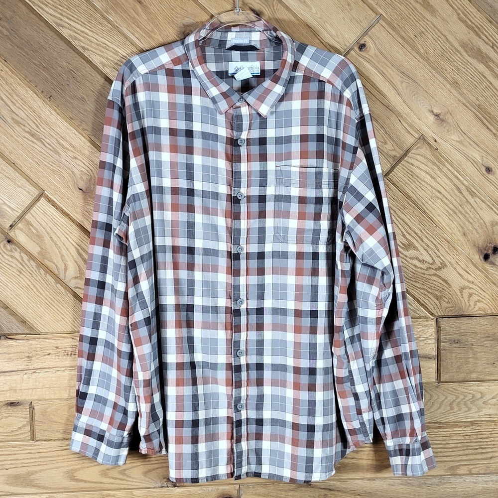 Columbia Button Down Shirt Mens XXL Regular Fit Plaid Long Sleeve Brown Gray